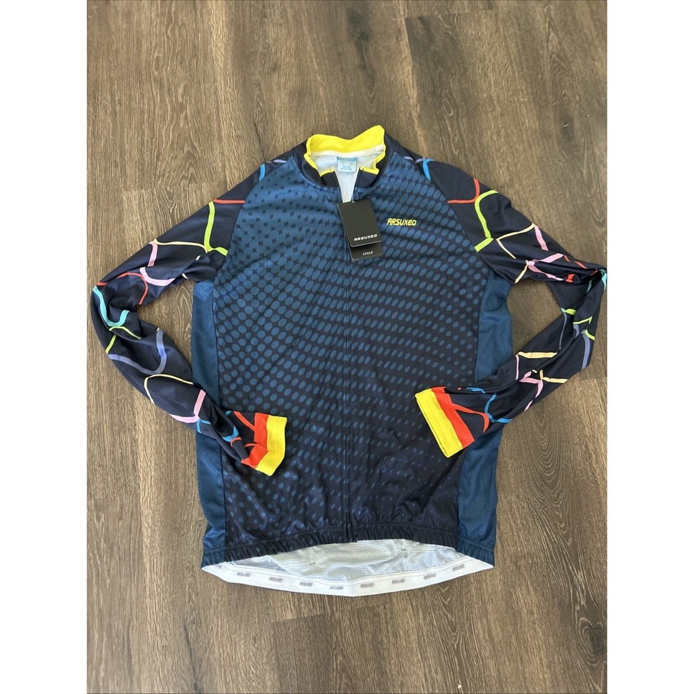 ARSUXEO Cycling Jersey Mens XL Blue Yellow Full Zip Long Sleeve Rear Pockets NEW